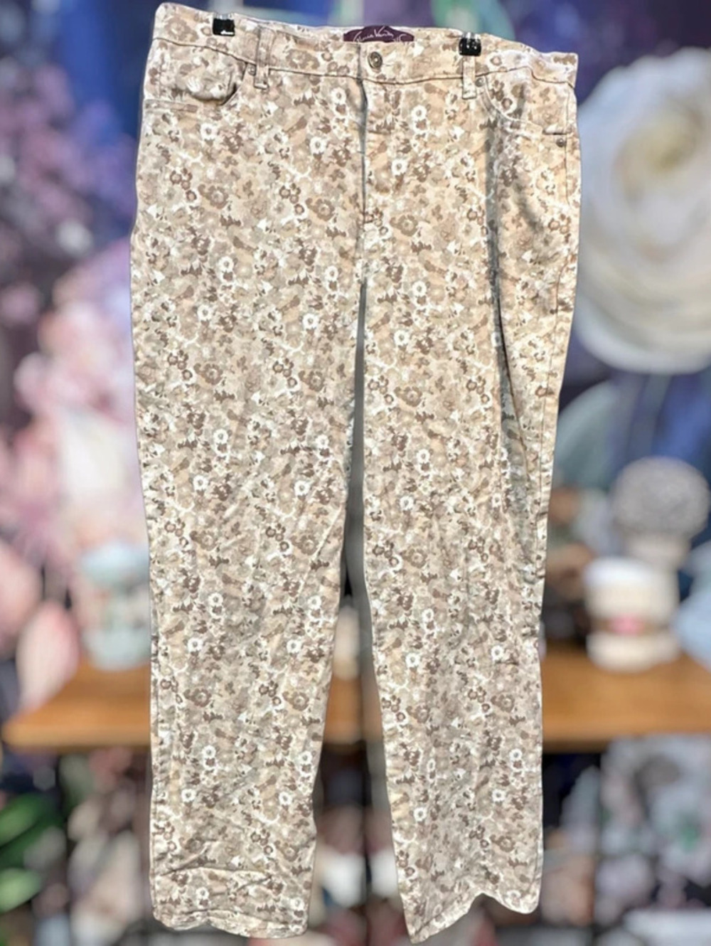 Gloria Vanderbilt Amanda 16 Floral Jeans Cottagecore Romantic Stretch Beige